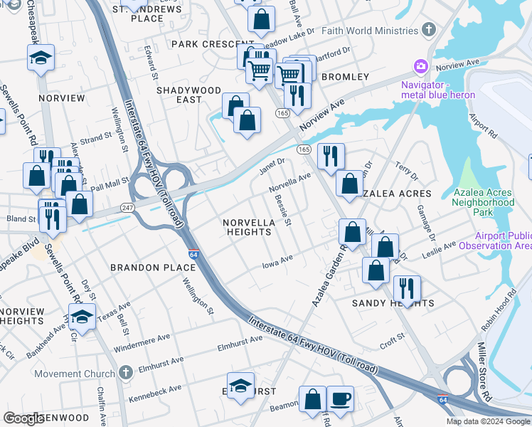 map of restaurants, bars, coffee shops, grocery stores, and more near 3509 Thurston Street in Norfolk