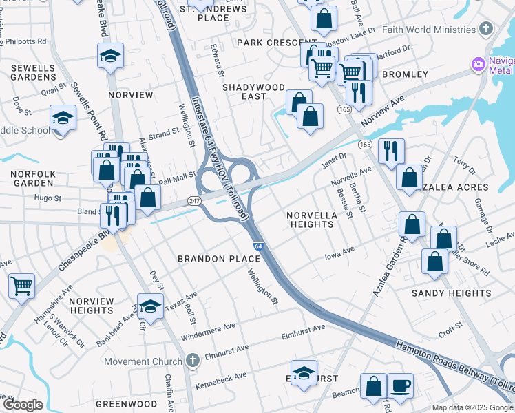 map of restaurants, bars, coffee shops, grocery stores, and more near 5214 Poston Lane in Norfolk