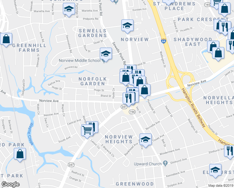 map of restaurants, bars, coffee shops, grocery stores, and more near 1101 Hugo Street in Norfolk