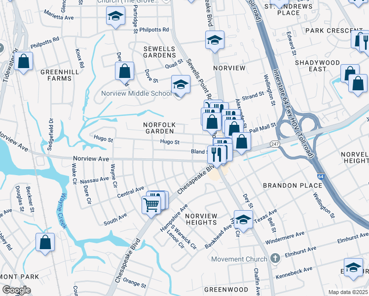 map of restaurants, bars, coffee shops, grocery stores, and more near 1071 Hugo Street in Norfolk