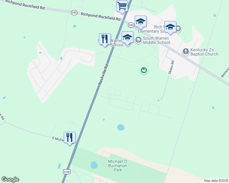 map of restaurants, bars, coffee shops, grocery stores, and more near 11200 Nashville Road in Bowling Green
