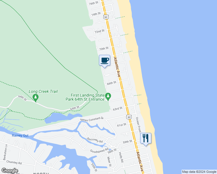 map of restaurants, bars, coffee shops, grocery stores, and more near 218 66th Street in Virginia Beach