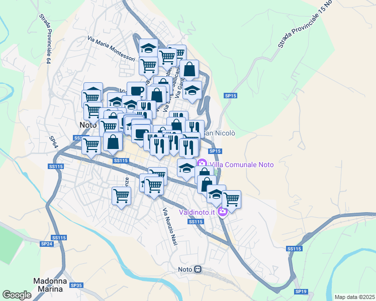 map of restaurants, bars, coffee shops, grocery stores, and more near 27 Via Archimede in Noto