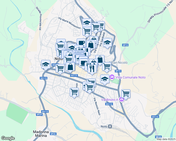 map of restaurants, bars, coffee shops, grocery stores, and more near 12 Via Silvio Spaventa in Noto