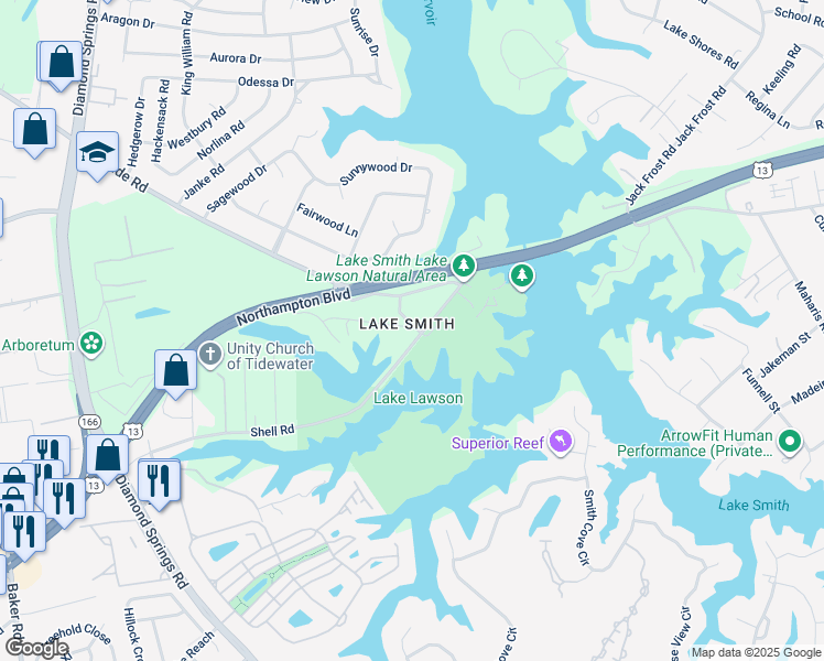 map of restaurants, bars, coffee shops, grocery stores, and more near 5436 Shell Road in Virginia Beach