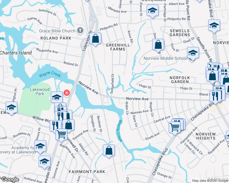 map of restaurants, bars, coffee shops, grocery stores, and more near 6108 Sedgefield Drive in Norfolk