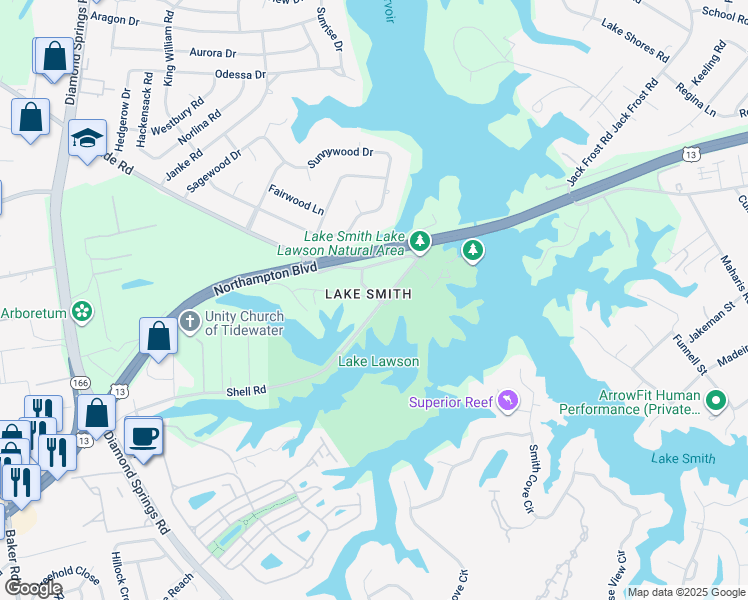 map of restaurants, bars, coffee shops, grocery stores, and more near 5436 Shell Road in Virginia Beach