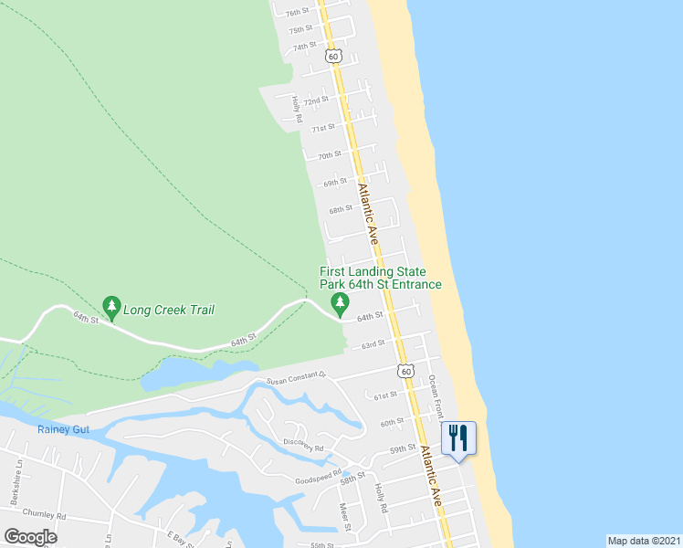 map of restaurants, bars, coffee shops, grocery stores, and more near 212 66th Street in Virginia Beach
