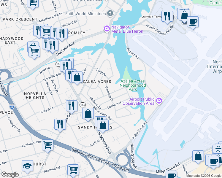 map of restaurants, bars, coffee shops, grocery stores, and more near 3451 Modlin Court in Norfolk