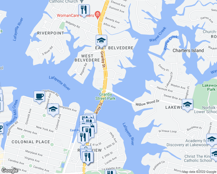 map of restaurants, bars, coffee shops, grocery stores, and more near 104 Willow Wood Drive in Norfolk