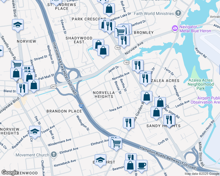map of restaurants, bars, coffee shops, grocery stores, and more near 3521 Thurston Street in Norfolk