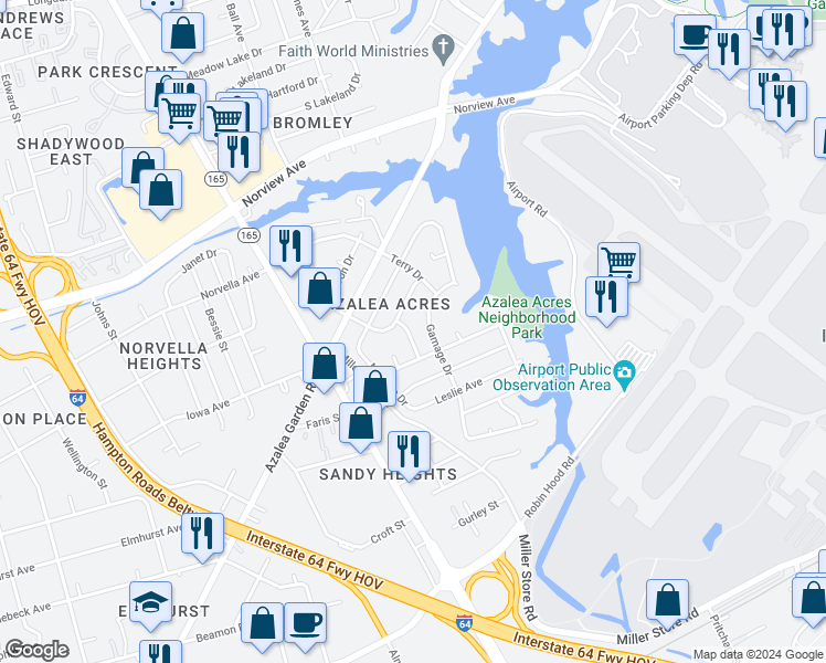 map of restaurants, bars, coffee shops, grocery stores, and more near 3456 Fletcher Drive in Norfolk