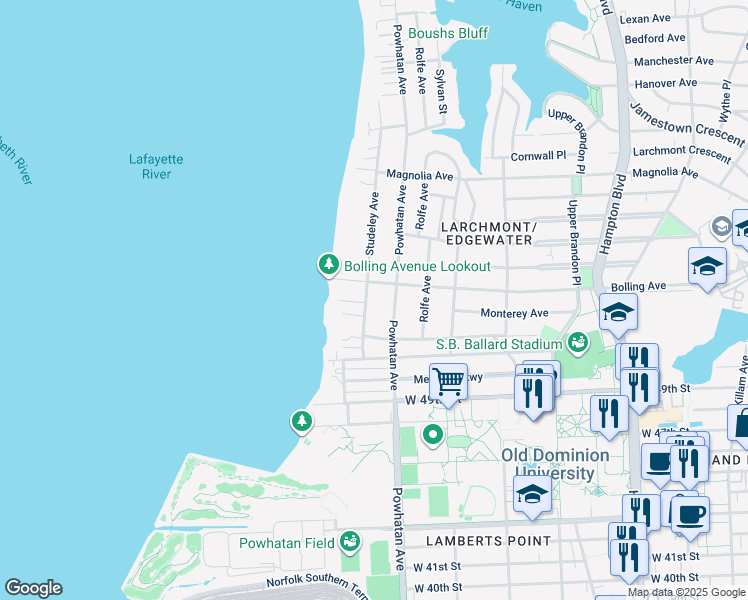 map of restaurants, bars, coffee shops, grocery stores, and more near 5234 Studeley Avenue in Norfolk