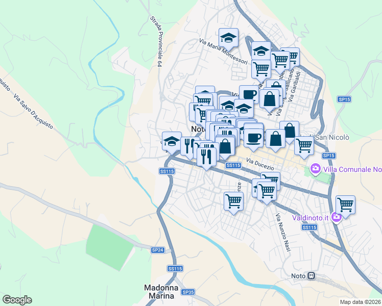 map of restaurants, bars, coffee shops, grocery stores, and more near 32 Via Giovanni Aurispa in Noto