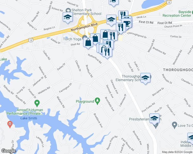 map of restaurants, bars, coffee shops, grocery stores, and more near 1421 Lakeside Road in Virginia Beach