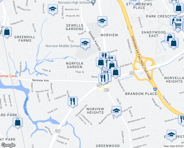 map of restaurants, bars, coffee shops, grocery stores, and more near 1101 Hugo Street in Norfolk