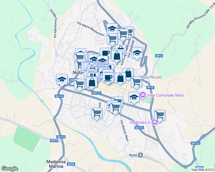 map of restaurants, bars, coffee shops, grocery stores, and more near 7 Via Arnaldo da Brescia in Noto