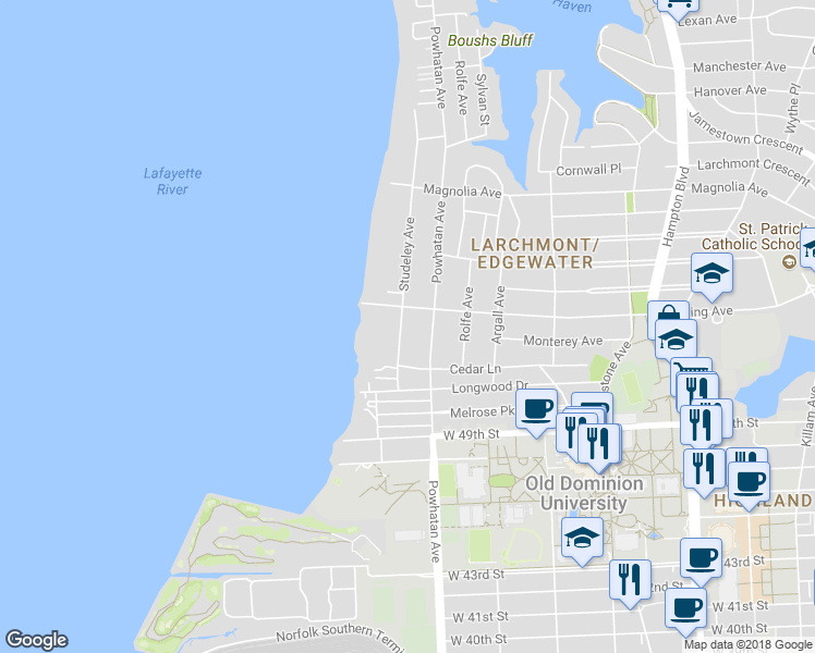 map of restaurants, bars, coffee shops, grocery stores, and more near 5234 Studeley Avenue in Norfolk