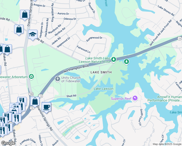 map of restaurants, bars, coffee shops, grocery stores, and more near 5335 Pandoria Avenue in Virginia Beach