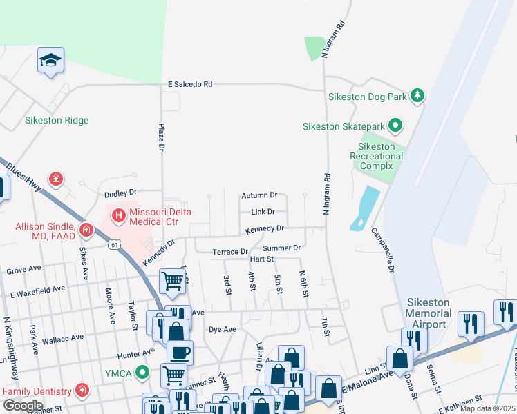 map of restaurants, bars, coffee shops, grocery stores, and more near 106 Link Drive in Sikeston