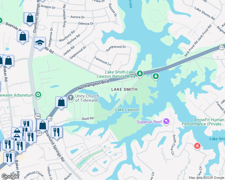 map of restaurants, bars, coffee shops, grocery stores, and more near 5344 Pandoria Avenue in Virginia Beach