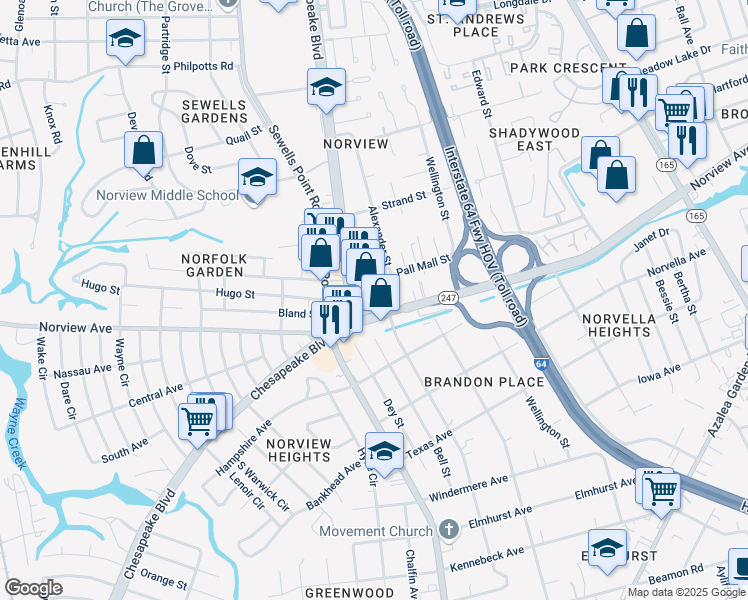 map of restaurants, bars, coffee shops, grocery stores, and more near 6115 Alexander Street in Norfolk