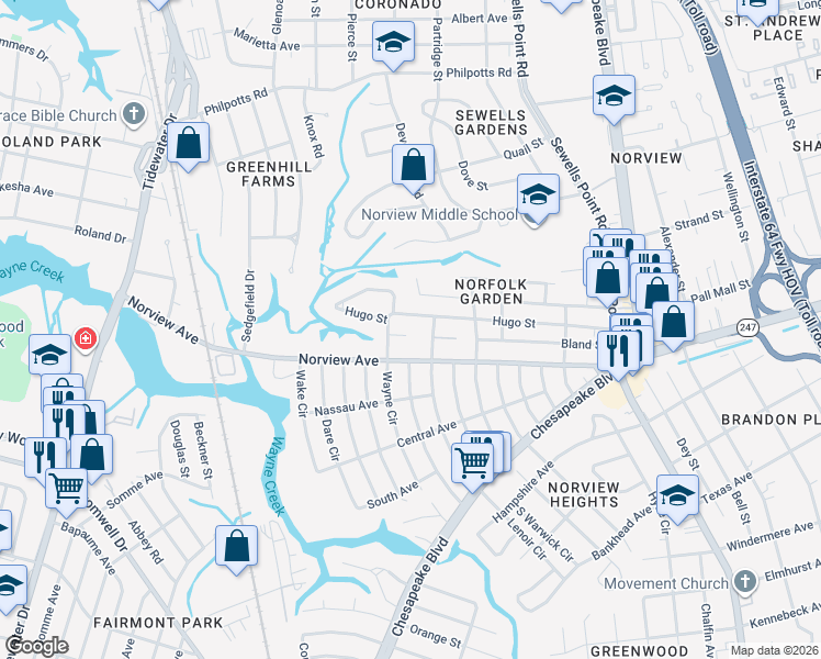 map of restaurants, bars, coffee shops, grocery stores, and more near 969 Hugo Street in Norfolk