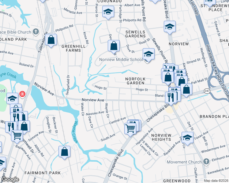 map of restaurants, bars, coffee shops, grocery stores, and more near 969 Hugo St in Norfolk