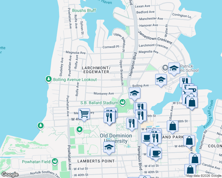 map of restaurants, bars, coffee shops, grocery stores, and more near 1335 Bolling Avenue in Norfolk