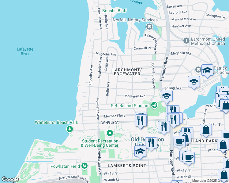 map of restaurants, bars, coffee shops, grocery stores, and more near 1501 Bolling Avenue in Norfolk