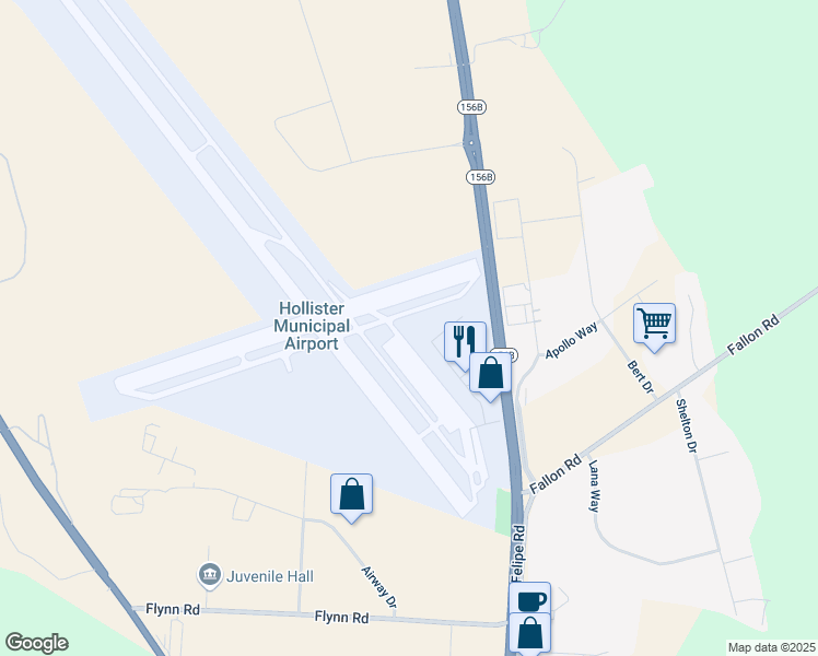 map of restaurants, bars, coffee shops, grocery stores, and more near 234B Skylane Drive in Hollister