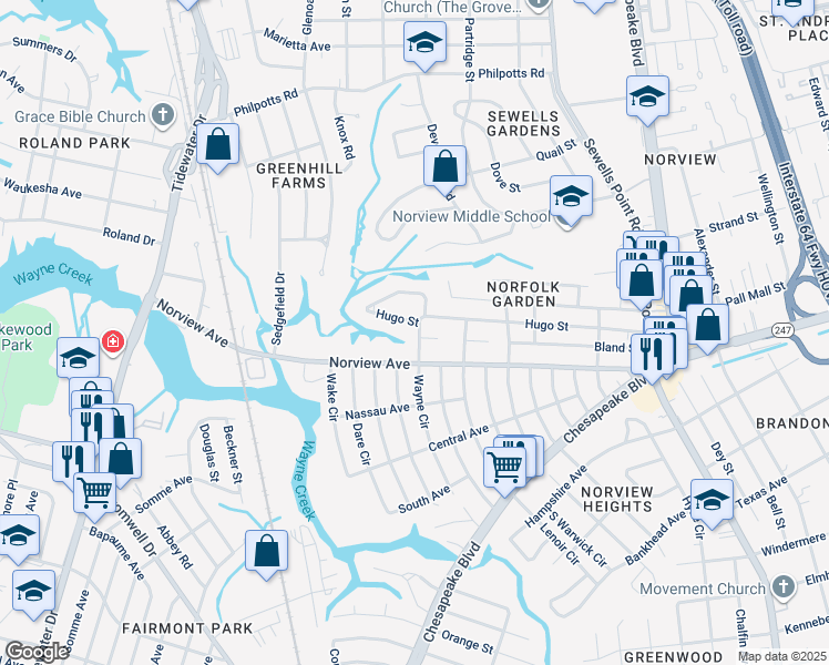 map of restaurants, bars, coffee shops, grocery stores, and more near 6125 Wayne Circle in Norfolk