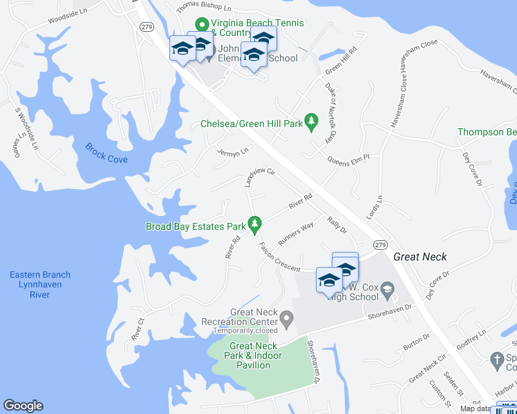 map of restaurants, bars, coffee shops, grocery stores, and more near 2568 Landview Circle in Virginia Beach