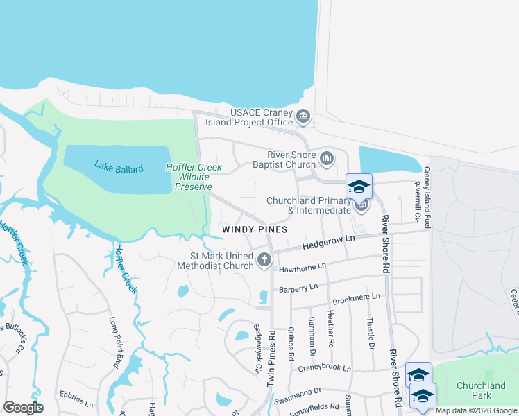 map of restaurants, bars, coffee shops, grocery stores, and more near 5802 Pleasant Woods Court in Portsmouth