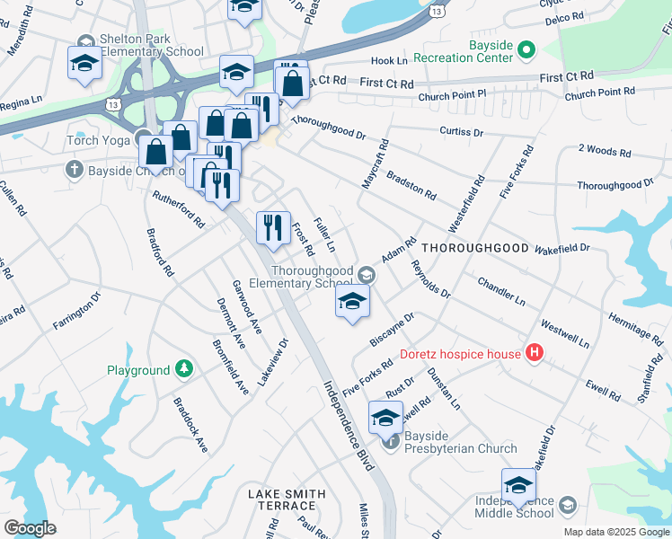 map of restaurants, bars, coffee shops, grocery stores, and more near 1501 Fuller Ln in Virginia Beach