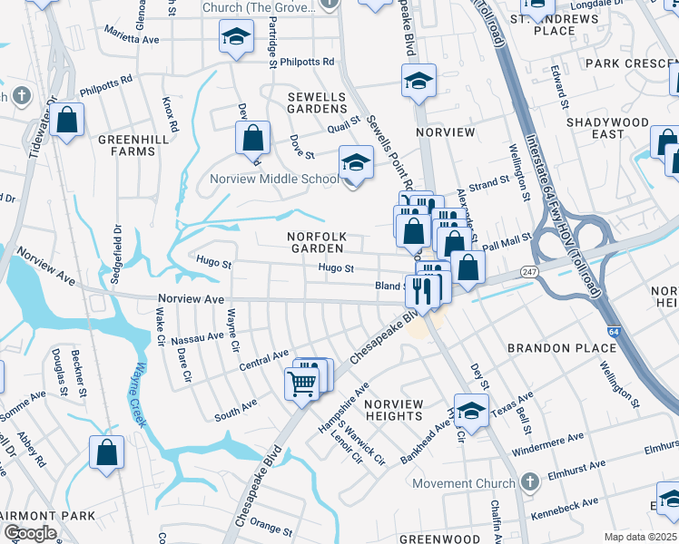 map of restaurants, bars, coffee shops, grocery stores, and more near 1063 Hugo Street in Norfolk