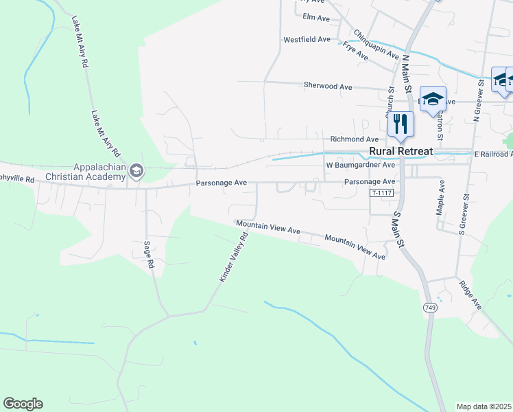 map of restaurants, bars, coffee shops, grocery stores, and more near 415 Mountain View Avenue in Rural Retreat