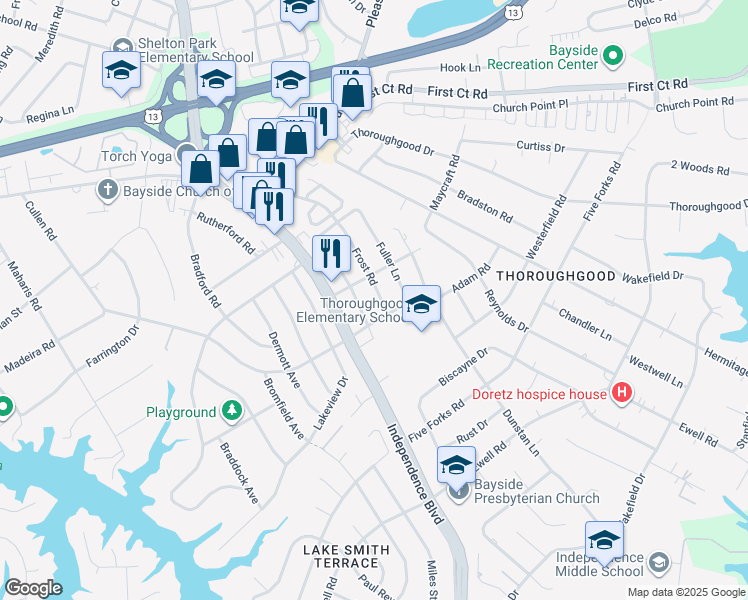 map of restaurants, bars, coffee shops, grocery stores, and more near 1517 Frost Road in Virginia Beach