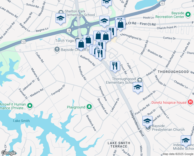map of restaurants, bars, coffee shops, grocery stores, and more near 1436 Lakeside Road in Virginia Beach
