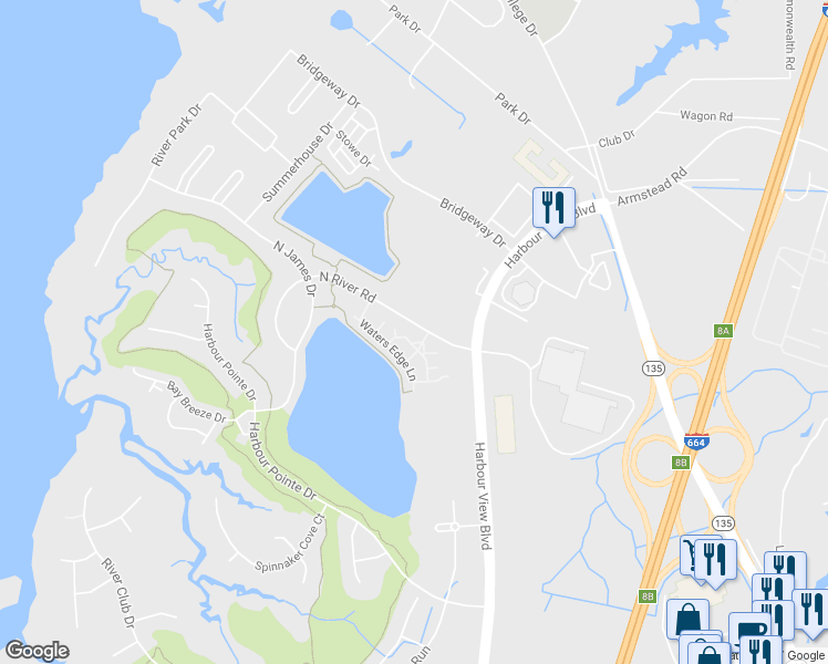 map of restaurants, bars, coffee shops, grocery stores, and more near 803 Lakeside Drive in Suffolk