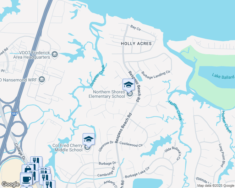 map of restaurants, bars, coffee shops, grocery stores, and more near 6424 Aberdeen Place in Suffolk