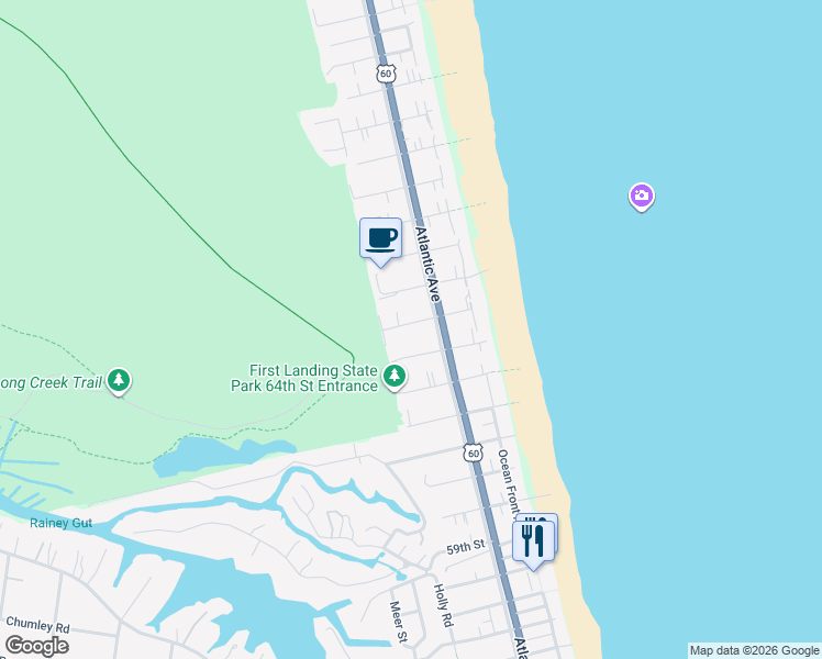 map of restaurants, bars, coffee shops, grocery stores, and more near 212 66th Street in Virginia Beach