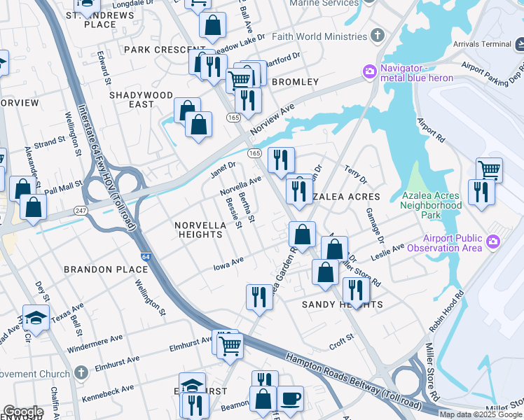 map of restaurants, bars, coffee shops, grocery stores, and more near 3500 Waycross Road in Norfolk