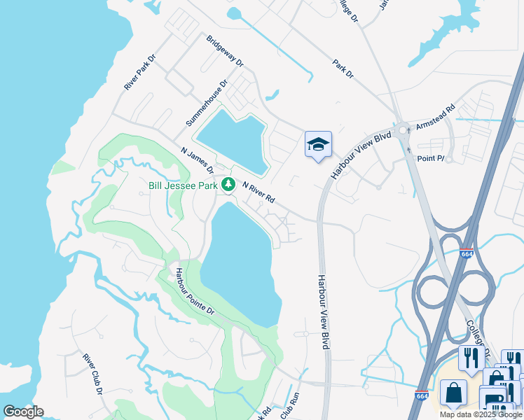 map of restaurants, bars, coffee shops, grocery stores, and more near 1106 Buoy Court in Suffolk