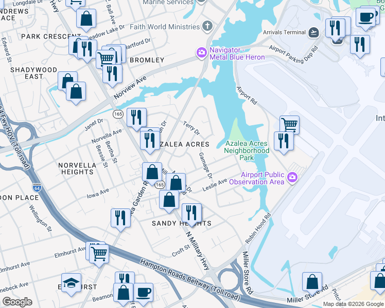 map of restaurants, bars, coffee shops, grocery stores, and more near 3460 Fletcher Drive in Norfolk