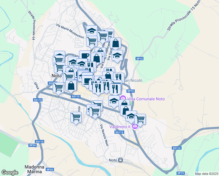 map of restaurants, bars, coffee shops, grocery stores, and more near 27 Via Archimede in Noto