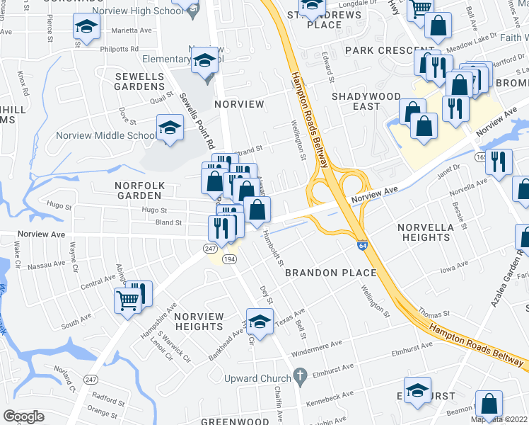map of restaurants, bars, coffee shops, grocery stores, and more near 6115 Alexander Street in Norfolk
