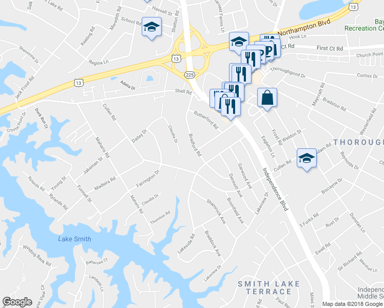 map of restaurants, bars, coffee shops, grocery stores, and more near 1449 Bradford Road in Virginia Beach