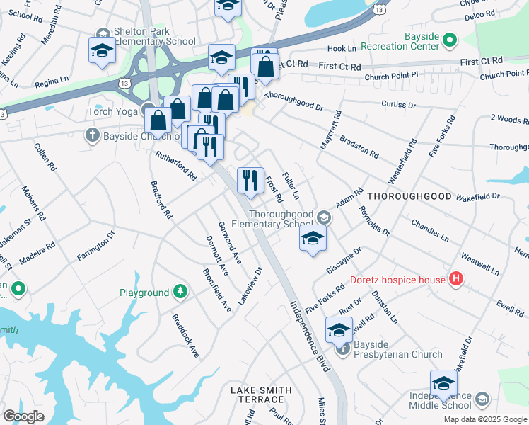 map of restaurants, bars, coffee shops, grocery stores, and more near 1529 Eagleton Lane in Virginia Beach