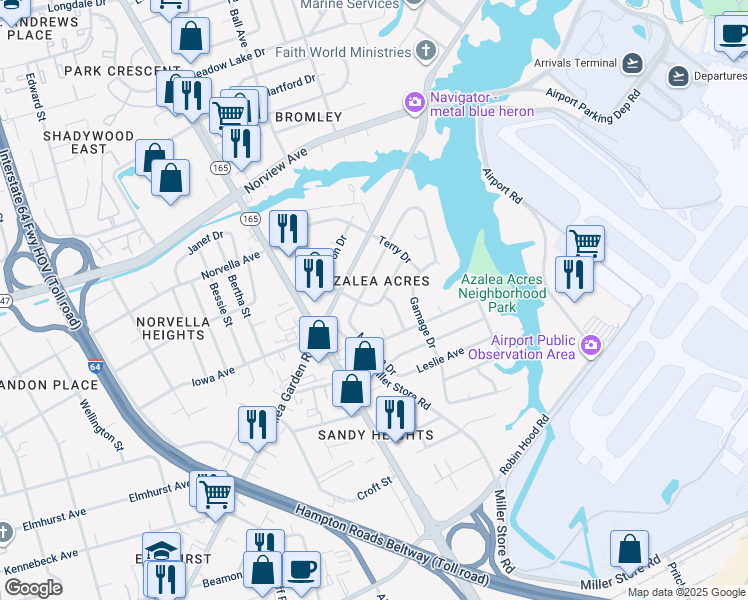 map of restaurants, bars, coffee shops, grocery stores, and more near 5740 Roper Drive in Norfolk